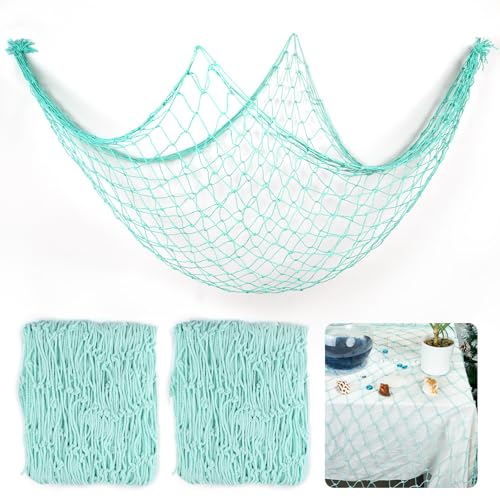 2 Pcs Fish Net Decorations, 39x78 Inch Cotton Nautical Themed Fishing Net, Wall Hanging Photo Display Fishnet for Coastal Bedroom Bathroom, Pirate Hawaiian Beach Under The Sea Party Decor, Sea Blue - color: Sea Blue