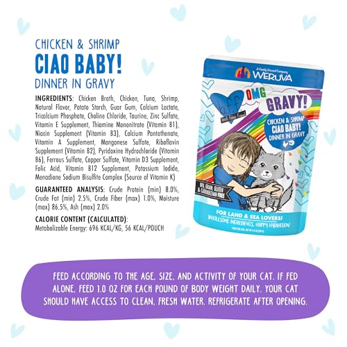 Weruva B.F.F. OMG - Best Feline Friend Oh My Gravy!, Ciao Baby! with Chicken & Shrimp in Gravy Cat Food, 2.8oz Pouch (Pack of 12) - size: 2.8 Ounce (Pack of 12)