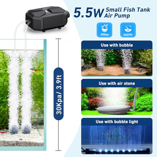 hygger Aquarium Air Pump, Ultra Quiet Oxygen Aerator with Air Stone Airline Tubing Check Valve, Aquarium Fish Tank Air Bubbler for 3 to 79 Gallon Tank and Bucket - size: Large