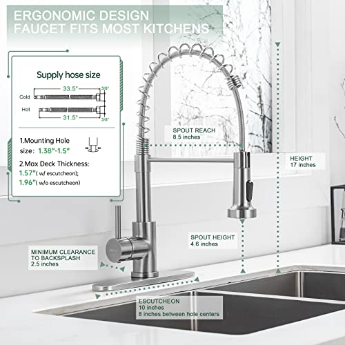 WEWE Kitchen Faucets, Brushed Nickel Kitchen Faucet with Pull Down Sprayer, Industrial Spring Single Handle Stainless Steel Kitchen Sink Faucet with Deck Plate, 1 Hole or 3 Hole for Laundry Rv - color: Brushed Nickel, style: Classic