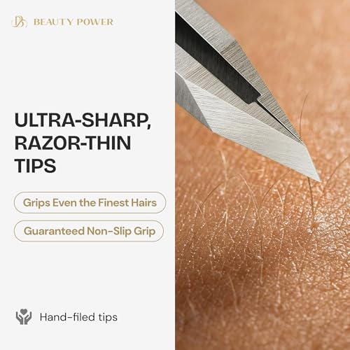 Beauty Power Tweezers for Women Facial Hair: Ultra Precision Tweezers for Women & Men, Sharp Slant Tweezer for Eyebrows, Ingrown Hair Removal. Professional Plucker + Case, German Stainless Steel Gray - color: Grey