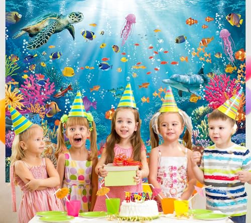 Underwater Backdrop Aquarium Ocean Corals Tropical Fish Photography Background Ocean Theme Party Decorations for Kid Boy's Birthday Cake Table Photo Booth Props (7x5FT)