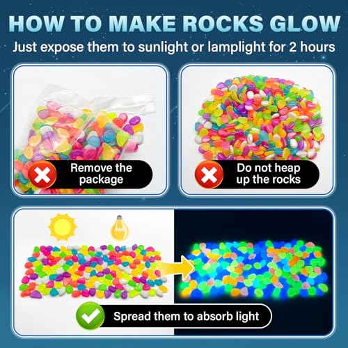 PoYang 1000pcs Glow in The Dark Rocks Outdoor - Multicolor Resin Glowing Pebbles for Landscaping, Garden, Fish Tank & Aquarium Indoor Decor, Powered by Sunlight or Lamplight (0.4"-0.7"/pc, 1.2lbs/bag) - color: Multicolor