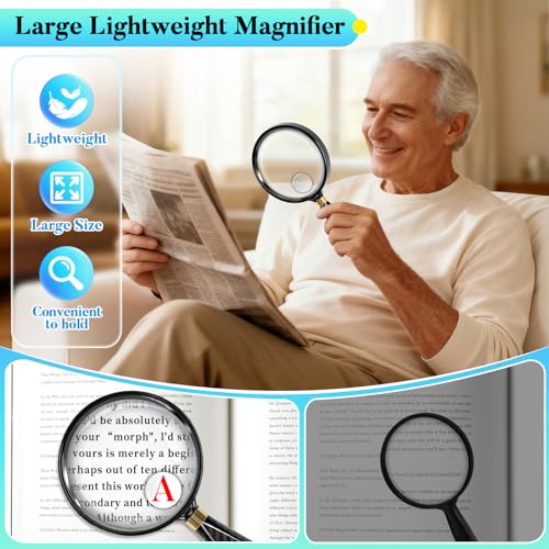 5X 30X Large Magnifying Glass for Reading, 90mm Upgraded Handheld Magnifier with Wide Handle, Magnifying Glass for Seniors Close Work Newspaper Nature Exploration, Hobby