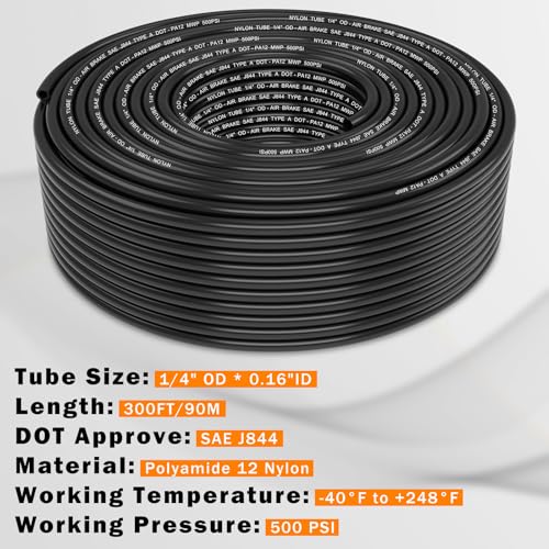 CheeMuii 300 FT 1/4" DOT Air Line 1/4 PA12 Nylon Pneumatic Tubing 91 Meter 1/4 Inch OD Pneumatic Air Tubing Pipe Hose Line for Semi Truck Trailer or Industrial Air System - color: Black, size: 1/4"OD-300FT