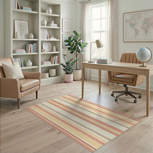 4'x6' Washable Geometric Stripe Accent Rug, Cream Non-Shedding Small Carpet for Playroom, Bedroom, Reading Nook, Pet Friendly & Kids Safe Play Mat | Ref:1993949 - color: Beige/Pattern 23, size: 4' x 6' (Rectangular)