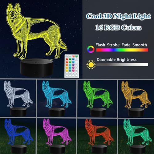 German Shepherd Night Light, German Shepherd Gifts, 3D Illusion Lamp with Remote Control, 16 RGB Colors, 4 Flashing Modes, Timer, Dimmable, Kids Room Dog Decoration for Holiday Birthday Christmas - color: Color 8