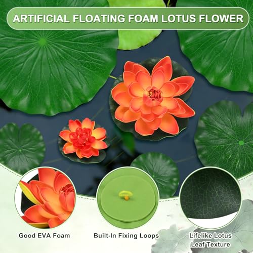 M METERXITY 1-Set Artificial Floating Foam Lotus Flower with Water Lily Pad, 4/7/11 Inch Fake Lotus Flowers Water Lilies for Pool/Fountain/Garden Decor, Pond Plants Ornaments [Orange] - color: Orange, size: 6.7/3.9 Inch