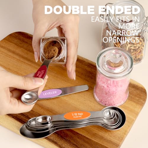 ChefAide Pack of 8 Stainless Steel Magnetic Measuring Spoons Set, Dual Sided, Stackable, Adjustable Teaspoon and Tablespoon Measure Spoon with Leveler, Kitchen Gadgets - color: Multicolor-2, size: Magnetic Measuring Spoons