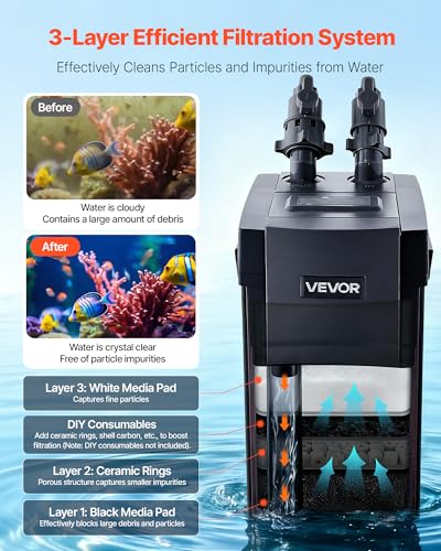 VEVOR 317GPH Canister Filter, 3-Stage External Aquarium Filter with Powerful Pump, Water Circulation Cleaning Machine with Media for Large Fish Tanks and Aquariums Up to 100 Gallons, for Freshwater - size: 317 GPH
