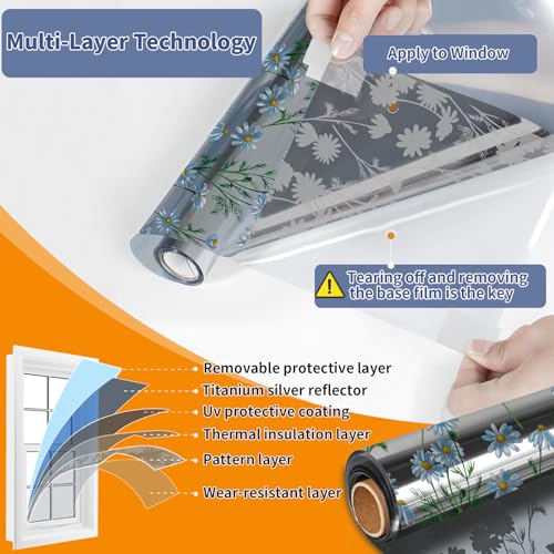 One Way Privacy Film, Window Tint for Home,Daytime Reflective, Anti UV Static Cling Sliding Door Coverings No Glue Garage Solar Paper (Silver -Daisy, 45.27 x 78.7 in) - color: Silver-daisy, size: 45.2 in X 78.7 in