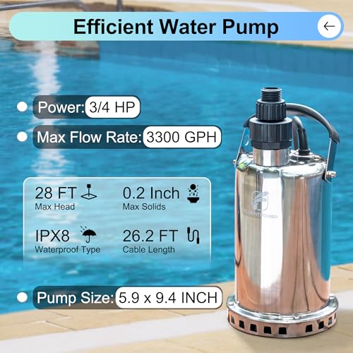FLUENTPOWER 3/4HP Submersible Sump Pump, 3300GPH Stainless Steel Utility Water Pump, Manual Control with 26-Foot Cord for Pool Tub Garden Pond Basement Flood Cellar Draining - style: 3/4HP 3300GPH Stainless Steel