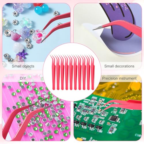 10 Pieces Tweezers for Crafting, Stainless Steel Curved Pointed Tweezers Precision Tweezer with Protective Cover for Eyelash Extensions Stickers Rhinestones Crafts (Rose Red) - color: Pink