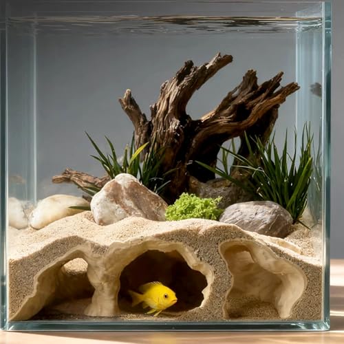 LIYAOLI Aquarium Ornaments Cave Tunnel with Viewing Ports | Fish Tank Decoration Hideout for Pleco, Shrimp & Corydoras | Substrate-Friendly Design & Sinking Base (S - Sand Color) - color: S - Sand Color