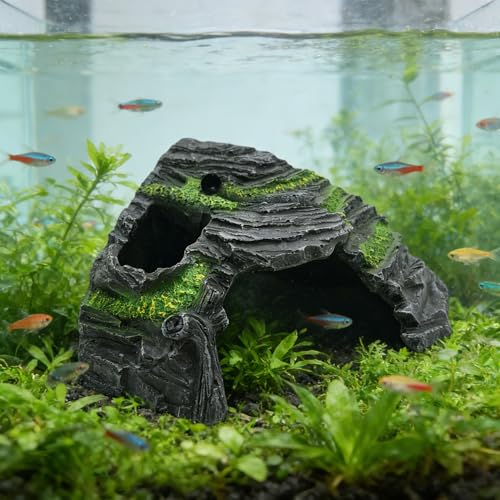 M2cbridge Aquarium Fish Hide Cave Reptile Hideout Cave Terrarium Amphibians Habitat Decor (Island+ Water Dish) - style: Island+ Water Dish