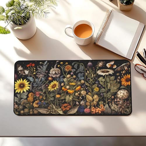 Retro Mouse Pad XXL， Flower Sunflower Plant Desk Mat, Long Computer Mat, Gaming Mouse Keyboard Mats, Full Desktop Protector, Nature-Inspired Decoration Home Office Desk Accessory 31.5" x 15.7" - color: Yellow Sunflower Flowers
