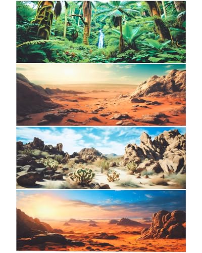 Breling 4 Pcs 48 x 18 Inch Reptile Habitat Background with Nano Glue Gobi Sun Cactus Stone and Green Tree Fern Stream Terrarium Background Polyester Durable Aquarium Accessories - color: Style1, size: 18 x 48 Inch