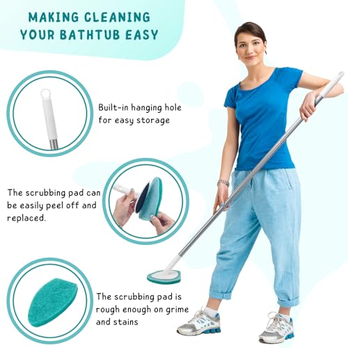 Shower Scrubber with Long Handle, 47'' Bathtub Scrub Brush, Bathroom Tub and Tile Cleaning Tool with 6 Refill Pads - color: Green, size: Scrubber with Long handle