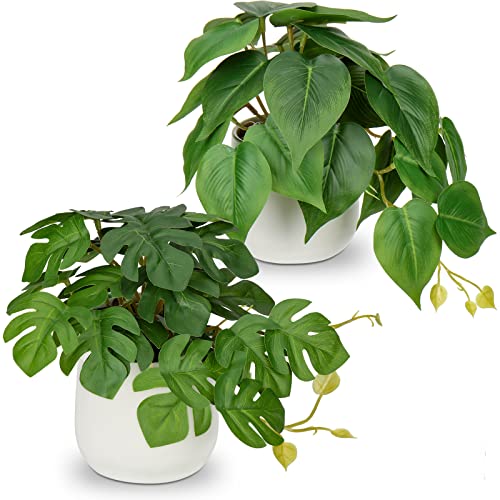 GnFlus Fake Plants Set of 2 Artificial Plants Faux Pothos with White Ceramic Pots Fake Potted Plants Artificial Decor for Home Bathroom Shelf Desk Indoor - color: Fake Plants #2