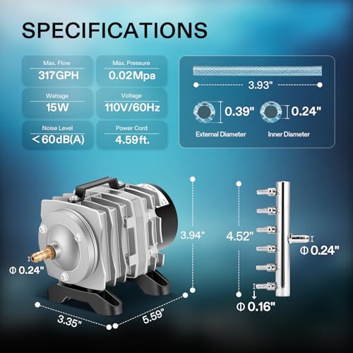 VIVOSUN 317GPH Commercial Air Pump 15W 6 Outlet 20 L/Min for Aquarium and Hydroponic Systems - style: 15W-317GPH