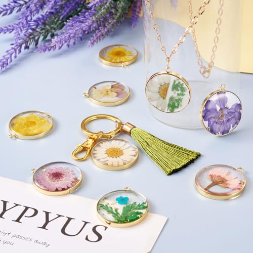 Transparent Flower Resin Charms Round Gold Edge Dried Floral Pendants Flat Round Clear Gold Foil Floral Charms for Necklace Bookmark Keychain Jewelry Making - color: Flower-3