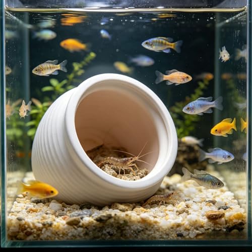 Saim Ceramic Aquarium Hideout Cave, White Clay Pot Fish Tank Decorations with 3.94" Round Opening, Natural Hide House for Cichlid Goldfish Pleco Betta Shrimp Breeding, Aquascape Ornament (Large)