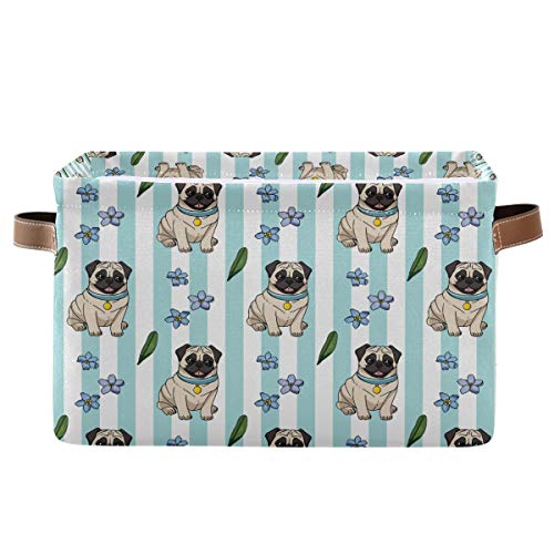 Large Storage Basket Bin Cute Cartoon Pugs Storage Cube Box Foldable Canvas Fabric Collapsible Organizer with Handles for Home Office Closet - color: Cute Cartoon Pugs, size: 1 PCS