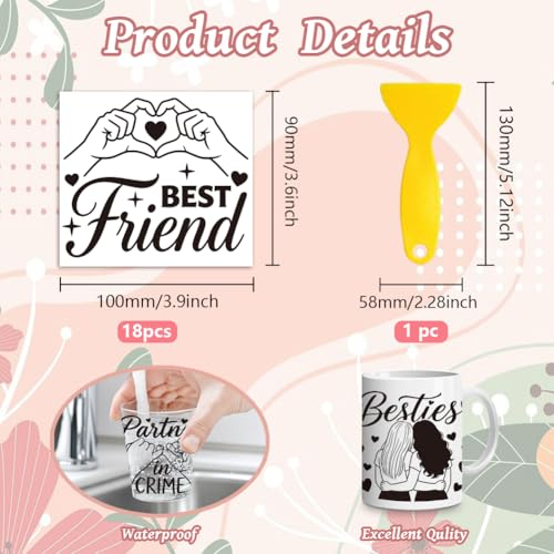 Peacoblue 18 Sheets Rub on Transfers for Crafts, Best Friends Quotes 3.6"x3.9" UV DTF Cup Wraps Waterproof Cold Transfers Stickers for Wood Glass Metal Cup Tumblers Mirrors Mugs Home Decor - style: Best Friends Quotes