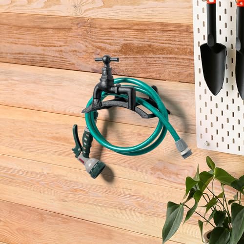 MyGift Brown Heavy Duty Cast Iron Outdoor Garden Hose Hanger Wall Mounted Water Hose Holder Reel with Vintage Scrollwork Design (Spigot Design) - style: Spigot Design