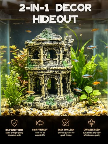 Fish Tank Decor - Antique Roman Column Ruin Decor for Aquarium, Hideout with European Castle Texture for Betta, Guppy, Shrimp - Safe Aquatic Decoration, Fish Hiding House（Cylinder） - color: Medium Colosseum Décor