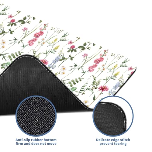 White Kawaii Flower Mouse Pad Large Desk Mat Extended Keyboard Mouse Pad Cute Mousepad with Non-Slip Base and Stitched Edge Floral Mouse Mat Desk Pad 31.5 x 11.8 Mouse Pads for Desk Home Office Gaming - color: White Wildflower