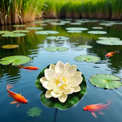 White Artificial Floating Foam Lotus Flower with Water Lily Pad, Lifelike Pond Pool Lotus Ornaments, Realistic Ornament for Home Garden Pond Aquarium Decor, Artificial Plants and Flowers, Decorations