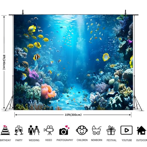 Under The Sea Backdrop 10x8ft Underwater World Ocean Seabed Photo Background Mermaid Backdrop for Girls Birthday Party Tropical Fish Coral Deep Sea Background Undersea Party Banner Decorations