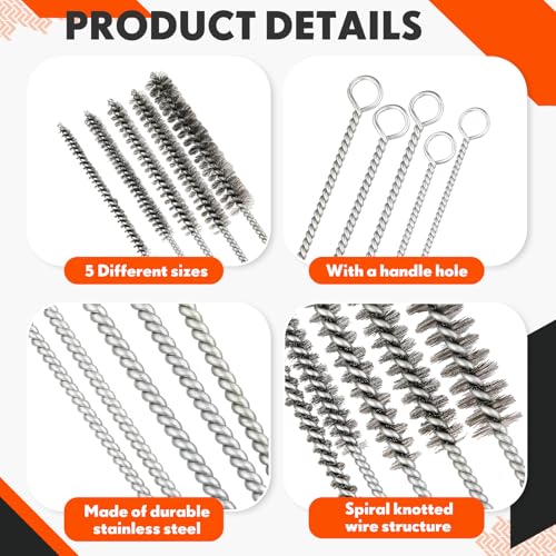 10 Pcs Wire Tube Brushes Bulk for Cleaning Pipe Tube Brass Stainless Steel Round Wire Brush for Auto Parts Christmas, Bottles, Tubes, 5 Sizes (Silver) - color: Silver