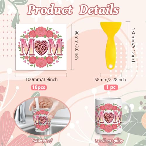 Peacoblue 18 Sheets Rub on Transfers for Crafts, Mother's Day Text 3.6"x3.9" UV DTF Cup Wraps Waterproof Cold Transfers Stickers for Wood Glass Metal Cup Tumblers Mirrors Mugs Home Decor - style: Mother's Day Text