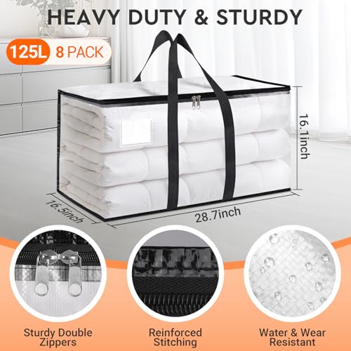 HomeHacks Clear Moving Bags Heavy Duty 8 Pack, Storage Bags with Zipper, Extra Thick Handles & Waterproof Packing Boxes for Moving, Camping, Home Organization 125L/33Gal (28.7"x16.5"x16.1") - size: 125L