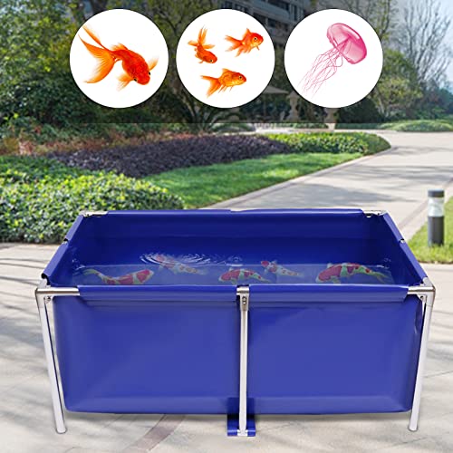 Canvas Fish Pond Aquarium Fish Water Tank, Koi Breeding Pond with Metal Frame and Drain Valve,Blue Cuboid Ornamental Swimming Pool Foldable Water Storage Above Ground Pond for Home
