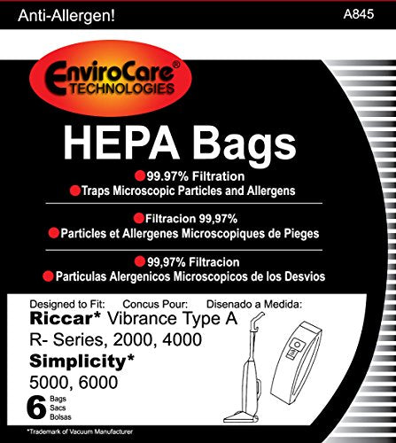 EnviroCare Replacement HEPA Filtration Vacuum Cleaner Dust Bags made to fit Riccar Vibrance Type A R-Series, 2000, 4000, Simplicity 5000, 6000 6 Pack