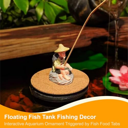 NIIIYTYB Floating Fish Tank Decorations Resin Fisherman Aquarium Decor Island Figurine with Mini Fishing Rod Funny Cool for Betta Bowl Zen Aquariums Small Fish Ornaments Interactive Decor