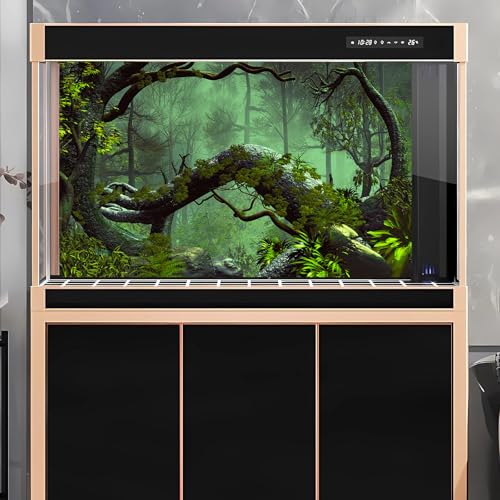 Forest Aquarium Background Jungle Plants Lush Green Trees Reptile Habitat Background Foggy Rainforest Natural Landscape Fish Tank Background Misty Rainforest Terrarium Background Vinyl 24x12in - color: Dark Green, size: 24(W)x12(H)in