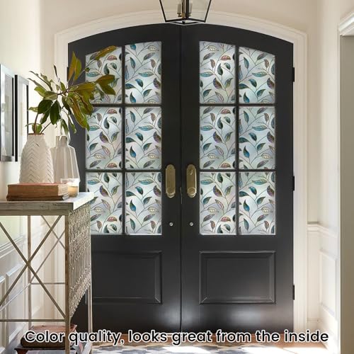 DKTIE Static Cling Decorative Window Film Vinyl Non Adhesive Privacy Film with Installation Kit, Multilayer UV Inkjet Technology, Thickened Stained Film, Vintage Leaf Pattern (S166, 17.7'' x 78.7'') - color: S166, size: 17.7'' x 78.7''