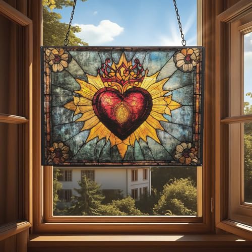 Rectangle Vintage Sacred Heart Stained Glass Sun Catcher, Wall Hanging Colored Decor Room Indoor Window Decor, Halloween, Christmas Hanging Ornament Mother Day - color: Vintage Sacred Heart 3, size: 9.4x7.1 IN