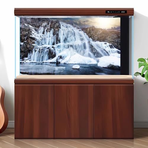 Winter Forest Aquarium Background Snow-Covered Mountains Waterfall Iceland Fish Tank Background Frosty Winter Natural Landscape Terrarium Backgrounds Wintry Forests Reptile Tank Backgrounds 24x12in - color: Brown_White, size: 24(W)x12(H)inches/ 60(W)*30cm