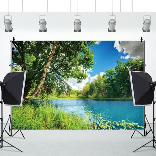 Polyester 6x4ft Park Scenery Backdrop River Blue Water and Tree Forest Garden Blue Sky Outdoor Picnic Spring Background Camping Hiking Photo Background Countryside Field Backdrop - size: 6x4ft