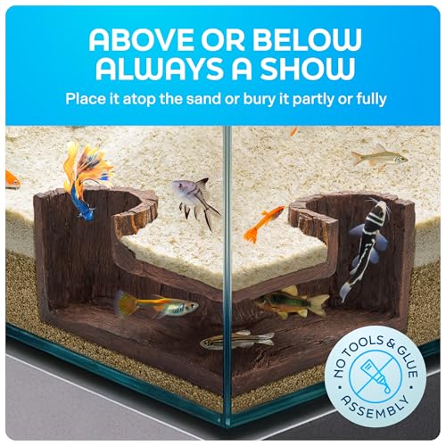 FISHNOSH Aquarium Cave | Natural-Looking Wood-Like BPA-Free Fish Tank Cave for Corners | 5.1” x 2” x 2.7” Fish Hideout for Aquarium | Guppy, Neon Tetra, Corydoras Catfish, Betta Hide | Tank Decor