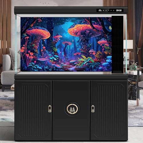 Mushrooms Aquarium Background Fantasy Bright Flowers Butterflies Fish Tank Backdrop Decoration Poster Trippy Wonderland Landscape with Giant Mystical Mushrooms Terrarium Background Decor 30x12in - color: Blue Red, size: 30(W)x12(H)in