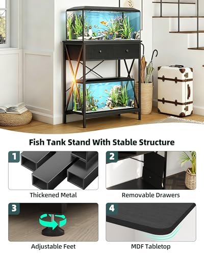 Fish Tank Stand 29 Gallon: Sturdy Aquarium Stand with Accessories Storage - Metal Fish Tank Table for 20-29 Gallon Reptile Breeder Turtle Terrarium - 30.7"x16.5" Weight Capacity 330 lbs - color: Black, size: 20-29 Gallon