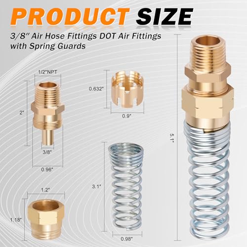 3/8” Hose x 1/2” Male Connector with Spring Guard, 4 Pack Brass DOT Air Brake Hose End Fitting with 8 Pack 3/8”Sleeve Tube - size: 3/8" Hose x 1/2" Male, style: 4pcs Connector with Spring Guard