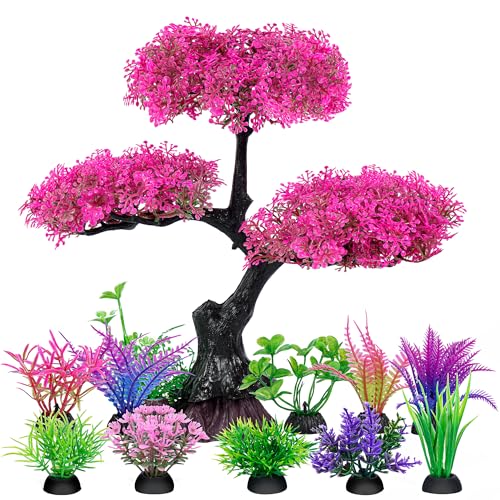 Ameliade Aquarium Artificial Plastic Plants Decoration, Pink Cherry Blossom Tree Aquarium Decor Set, Goldfish Betta Fish Tank Decorations Hides Accessories（Pink - color: Pink
