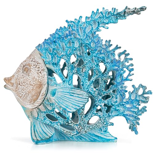 VVGIFTS Beach Coastal Decor Coral Reef Angelfish Home Office Desk Decor Sculpture Statue for Tabletop Shelf Bathroom Decoration Ornament Gift (Turquoise and Blue) - color: Turquoise and Blue